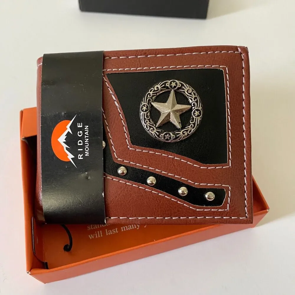NEW Vegan Leather‎ Cowboy Bi-fold Wallet Black/ Brown Mens